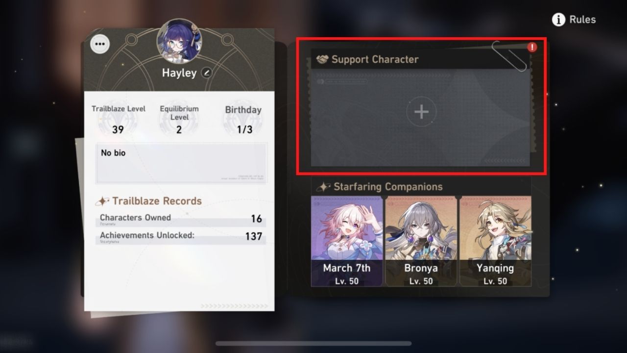 Support Character card honkai star rail