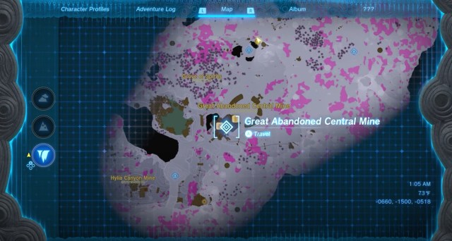 A map of The Depths of Hyrule, showcasing the Great Abandoned Central Mine's location at coordinates -0660, -1500, -0518.