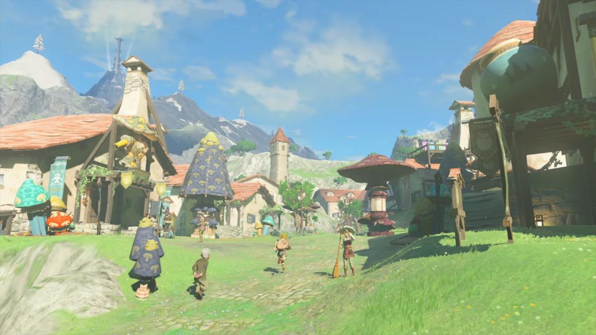 Characters standing around in Hateno in Tears of the Kingdom.
