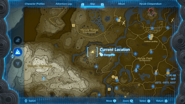 A screenshot of the Hyrule map in Tears of the Kingdom, with Satori Mountain highlighted.