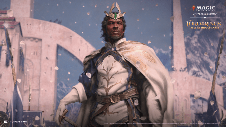 Aragorn reimagined as a Black man in a white and gold regal outfit, hand resting on his sword handle.