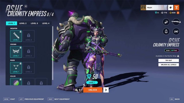 Ashe Mythic Skin customization menu in Overwatch 2