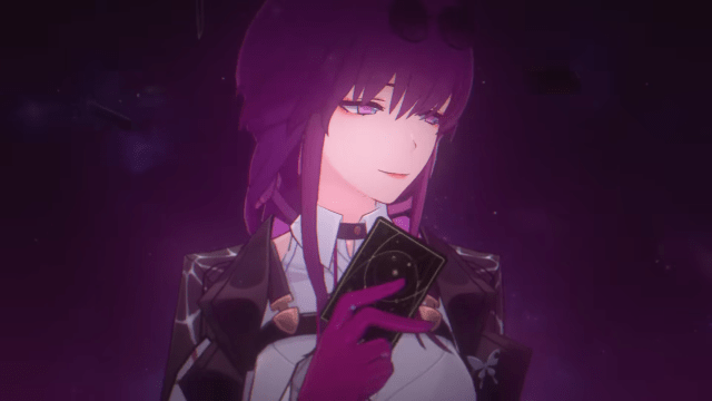 Kafka holding a card and looking to the right with a smirk in Honkai: Star Rail.