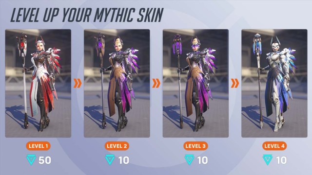 Upgrading the Mercy Mythic Skin in Overwatch 2 from level 1 to level 4