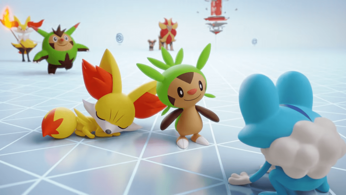 Froakie, Chespin, Fennekin, and some of their evolutions hanging out in the world of Pokémon Go