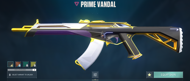 The Prime skin for the Vandal, a sleek skin with purple, white, black, and gold details.