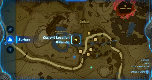 Image of TOTK map with the current location of Lady Paya's Hall.