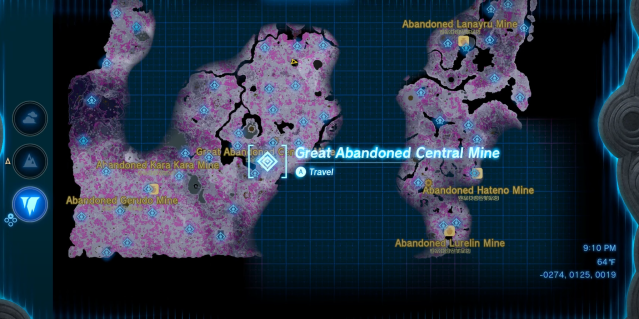 Map showing the location of the Great Abandoned Central Mine in Zelda: Tears of the Kingdom