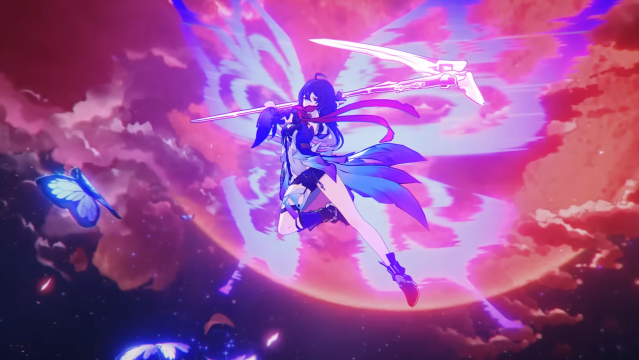 Seele jumping into the air getting ready to strike down with her Scythe and butterfly wings in the air behind her in Honkai: Star Rail.