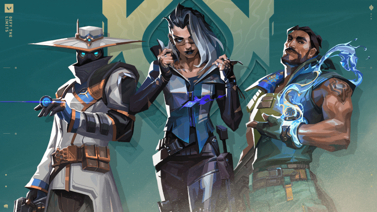 VALORANT agents Cypher, Fade, and Harbor stand ready for battle in front of the game's title screen.