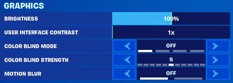 Fortnite's Graphics settings, with Brightness at 100%, User Interface Contrast at 1x, Color Blind Mode set to off, and Motion Blur turned off. 