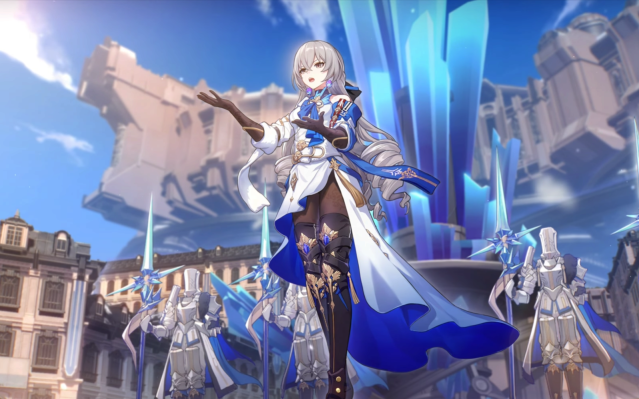 Bronya delivering a speech during her coronation on Belobog in Honkai: Star Rail.