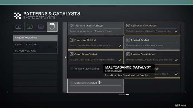 Destiny 2 Malfeasance Catalyst in collections