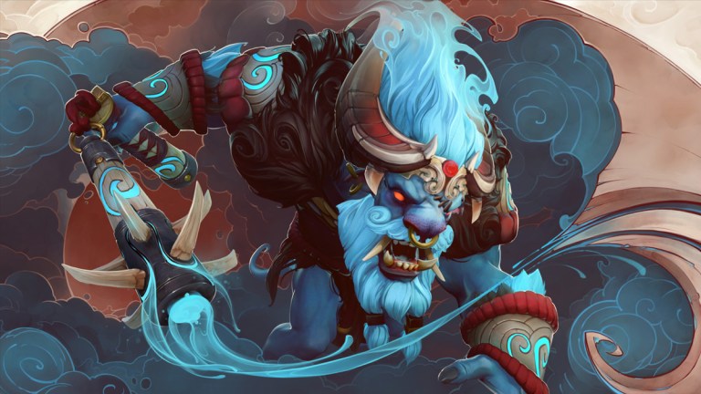 Spirit Breaker, a blue spirit cow, wields a mace in Dota 2.