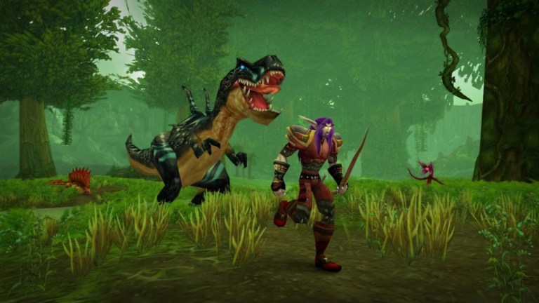 A Night Elf Hunter runs from a Devilsaur in Un'Goro Crater, WoW Classic