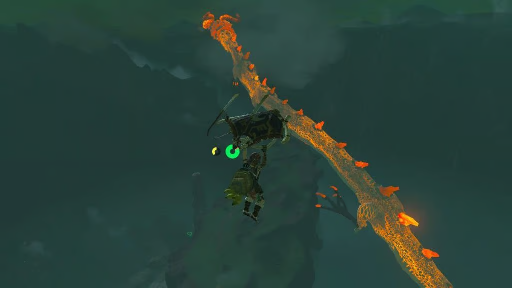 Link glides towards Dinraal the dragon.