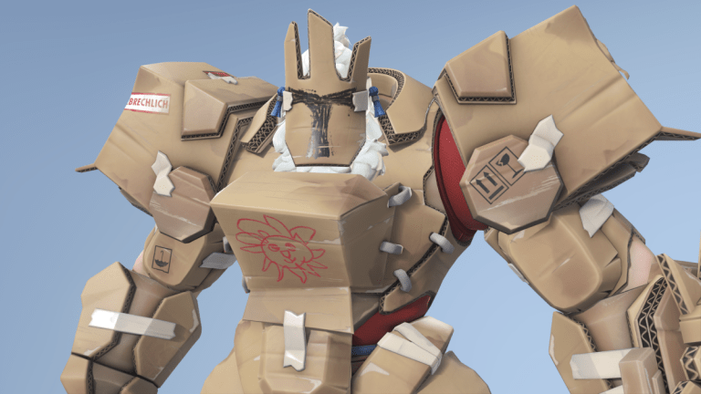 Reinhart, from Overwatch, made out of cardboard boxes and tape.