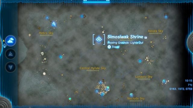 A pinpoint of Simosiwak Shrine's location on the map in Tears of the Kingdom.
