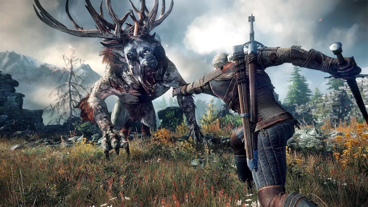 geralt faces off against a large creature with antlers, large claws, and an angry twisted rabbit sort of face