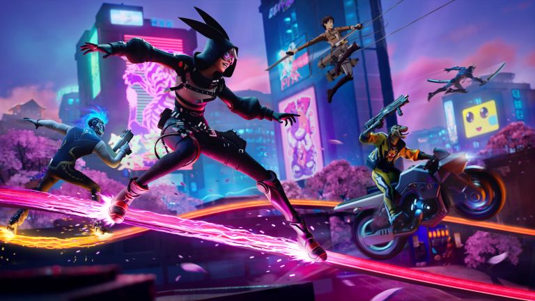 A Fortnite character zipping around a neon city.