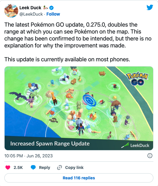 A Tweet from popular Pokemon Go account LeekDuck confirming radius spawn interaction boosts, prior to deletion.