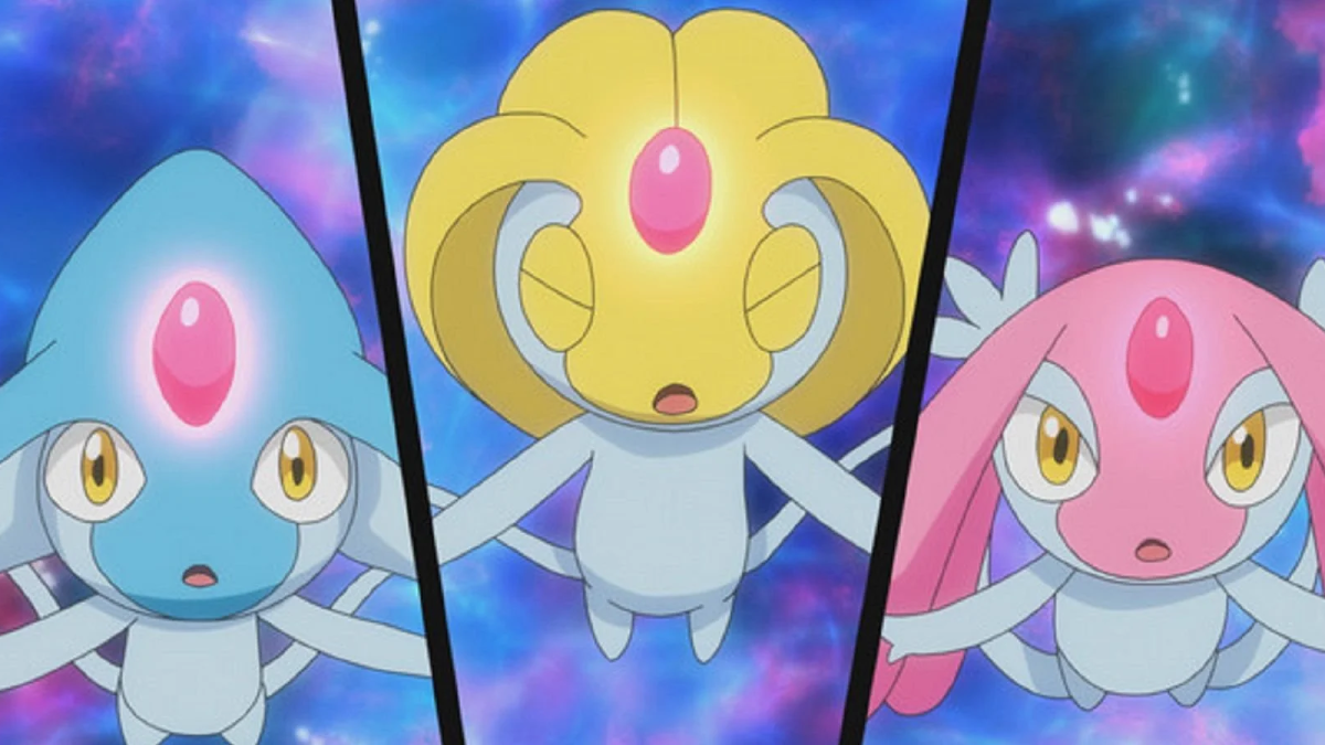 A shot of Azelf, Uxie, and Mesprit from the Pokemon anime.