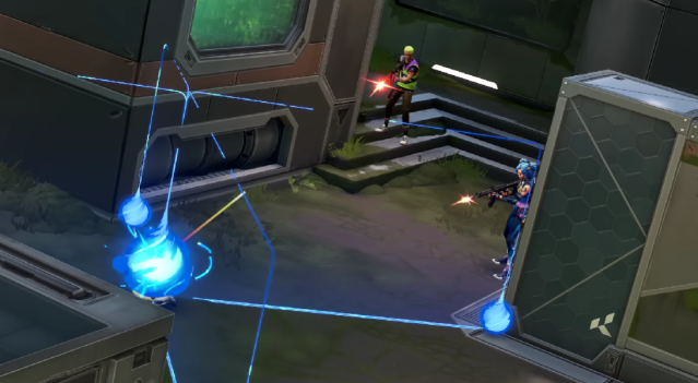 Gekko and Neon shooting at Barrier Mesh in VALORANT.