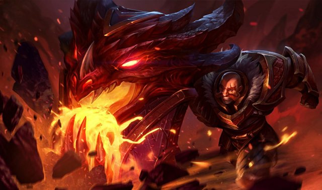 Braum, a human man, slamming the ground with a dragon-head gauntlet of fire and lava in League of Legends.