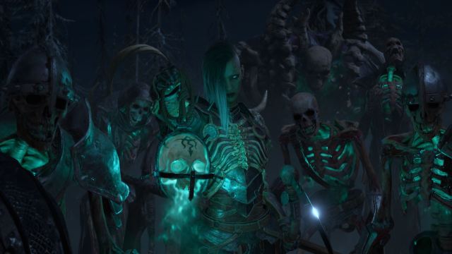 A Necromancer surrounded by reanimated skeletons holds forward a glowing green skull.