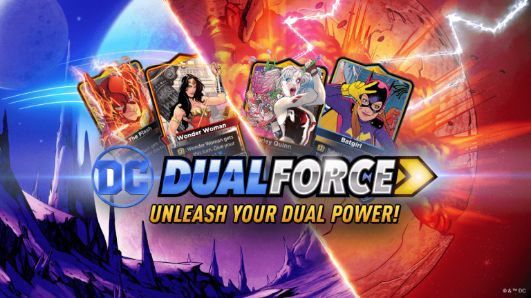 The DC Dual Force logo on an action-style red and blue background, featuring some of the biggest characters from the DC universe.