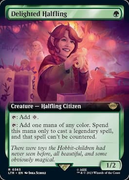 Image of Delighted Halfling extended art variant in MTG LTR set