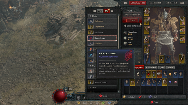 Picture of Howler Moss in a player's inventory in Diablo 4.