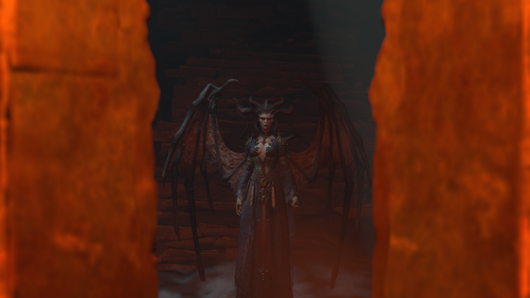 A screenshot of Lilith entering the gates of Hell in Diablo 4