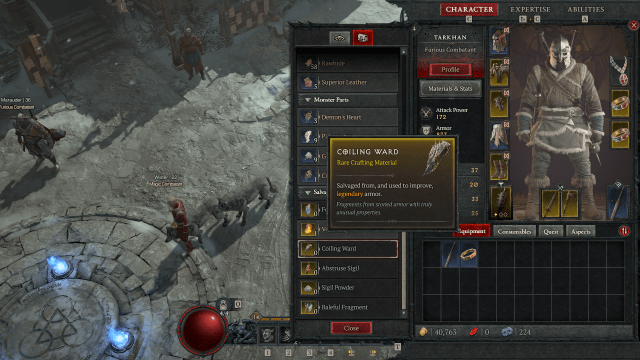 A screenshot of Diablo IV showing the Coiling Ward in a player's inventory.