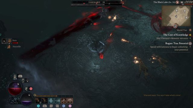 Vhenard boss fight, Diablo 4. Vhenard shoots out red projectiles