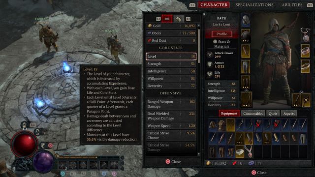 A character screen with the Stats & Materials tab open
