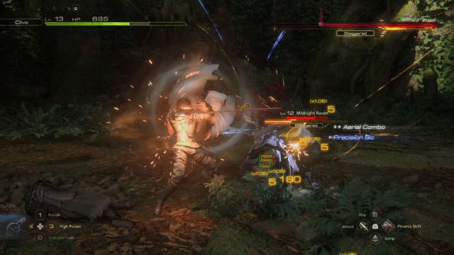 Clive, Torgal, and Cid attacking staggered Midnight Raven in in Final Fantasy 16.