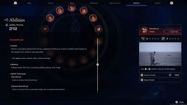 The details tab for the Downthrust Ability in Final Fantasy 16