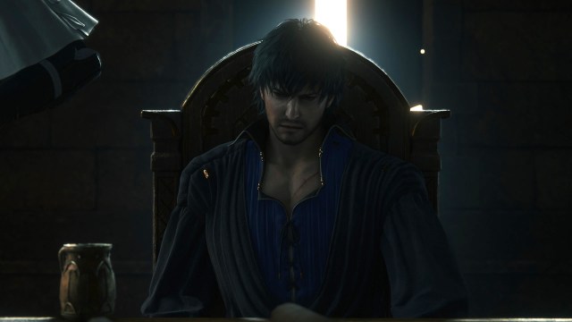 Final Fantasy 16's Barnabus sulks in a chair