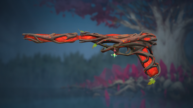 The Gaia's Vengeance Ghost pistol in VALORANT. A red shard-like pistol with wooden tree branches enclosing the main body, with small leaves at the bottom of the magazine.