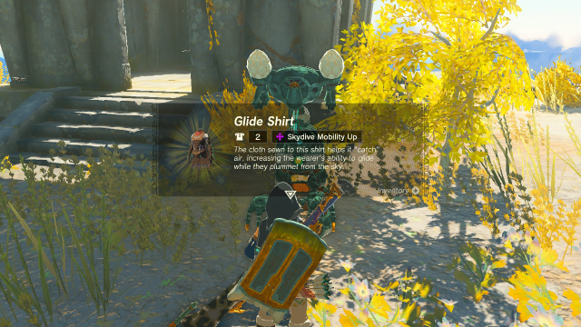 A screenshot showing the Glide Shirt item description in TOTK.