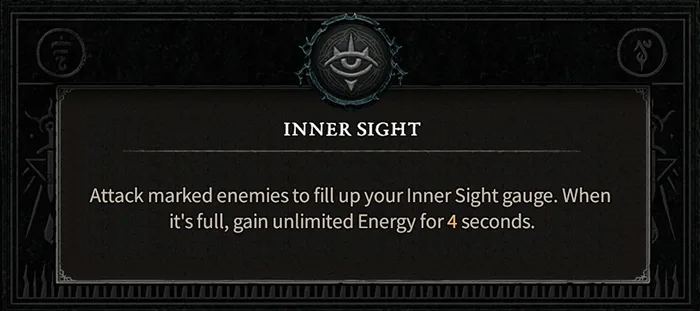 The Inner Sight Rogue specialization in Diablo 4, which reads: "Attacked marked enemies to fill up your Inner Sight gauge. When it's full, gain unlimited Energy for four seconds."