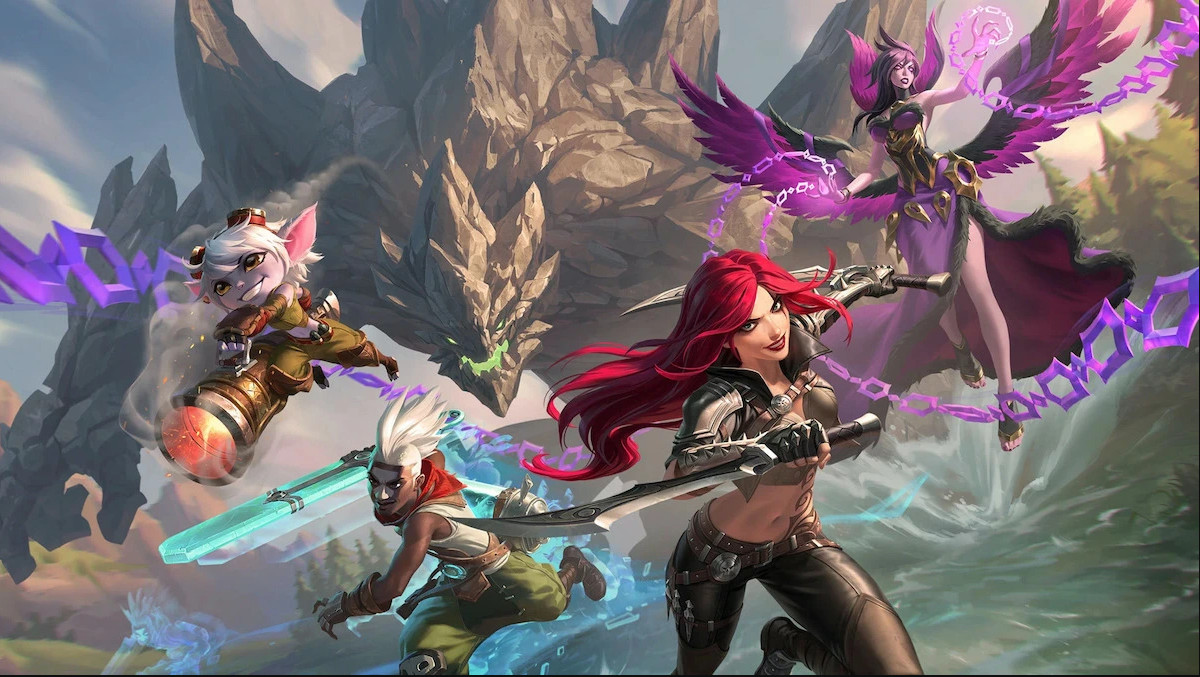 Malphite, Katarina, Ekko, Tristana and Morgana jumping into battle.