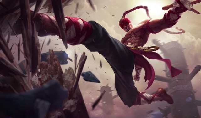 Lee Sin destroying a wooden structure with a kick.