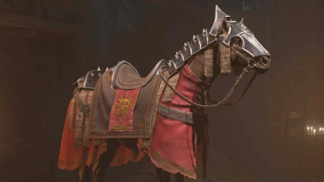 An image showing Diablo 4's Light Bearer Mount, a horse with armor and caparison. 