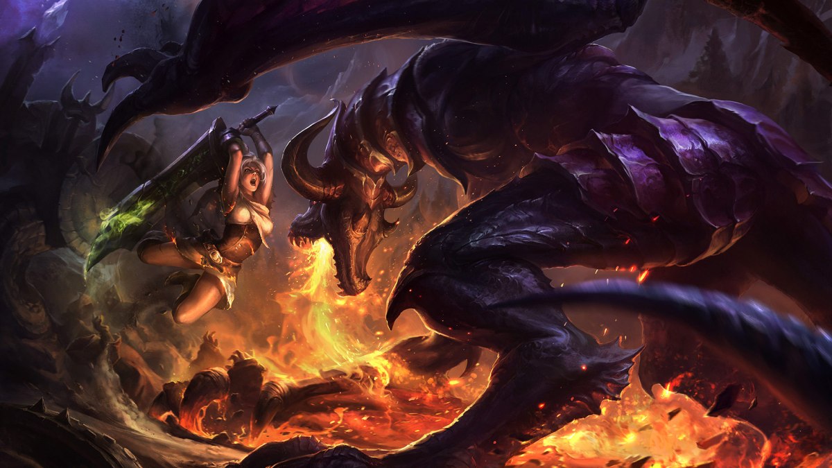 League of Legends image showing Riven battling a fire-breathing creature.