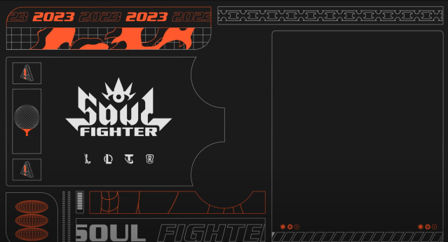 An image of League of Legends' Soul Fighter 2023 logo. It is orange, black, and white with a futuristic vibe.