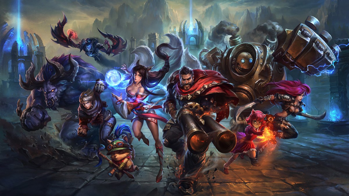 League of Legends promo art showcasing Ahri, Graves, Blitzcrank, and more champions.