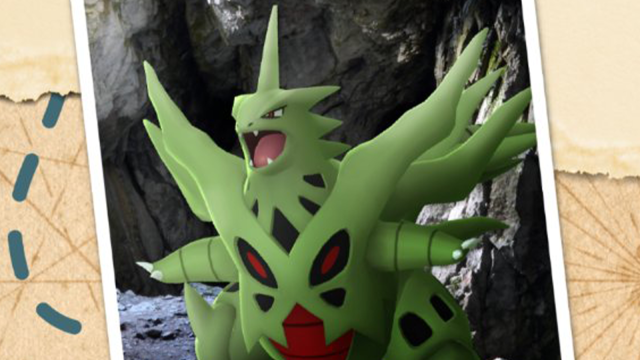 Mega Tyranitar roaring as it makes its Pokemon Go debut.