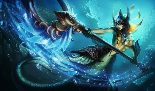 Nami, a fish-like Siren, wielding a staff of water and blue energy in League of Legends.
